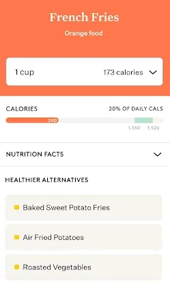 In-app Screen Capture of Healthy Swaps: 
French Fries (Orange food) 
1 cup = 173 calories
Healthier Alternatives: 
Baked Sweet Potato Fries
Air Fried Potatoes
Roasted Vegetables